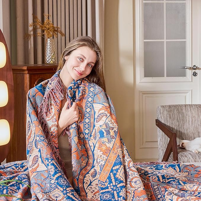Boho Throw Blanket for Bed Couch 50" x 60", 100% Organic Cotton Skin-Friendly Ultra Soft Quilt Orange Throw - Floral Rustic Room Decor Luxury Reversible Blanket for Sofa Chair and Gift