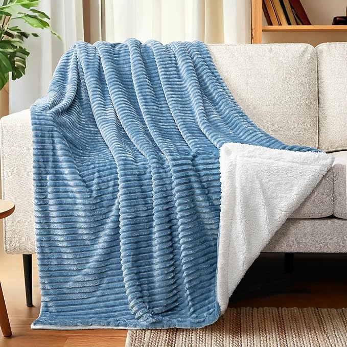 PAVILIA Dusty Blue Sherpa Fleece Throw Blanket for Couch Twin, Soft Plush Fuzzy Blankets, Fluffy Flannel Sherpa Blanket for Bed, Warm 3D Ribbed Winter Blanket Gift, 60x80 inches