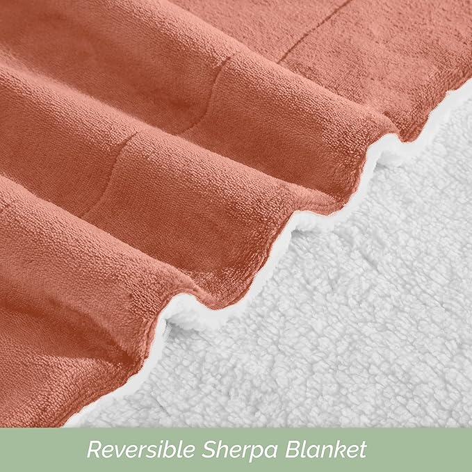 Elegant Comfort Ultra Soft Reversible Flannel Sherpa Blanket - Cozy Silky Fleece Throw for Couch, Bed - Plush Fuzzy Warm Winter Blanket for Gift, Full, Coral