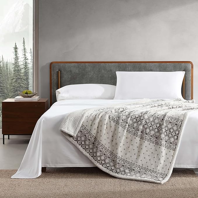 Eddie Bauer - Throw Blanket, Brushed Fleece & Plush Sherpa Bedding, Blanket for Couch & Bed (Fair Isle Peak Grey, 50" x 60")