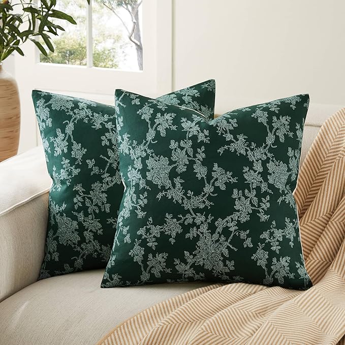 100% Cotton French Pastoral Throw Pillow Covers Set of 2, 18x18 Inch Background/Green Farmhouse Decorative Cushion Covers for Sofa Bed Living Room Home Decor