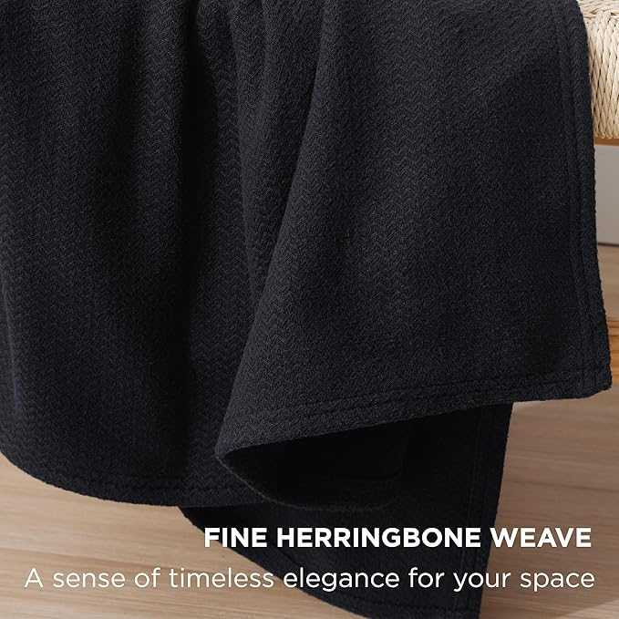 Bedsure GentleSoft 100% Cotton Blanket King Size for Bed - Breathable and Lightweight, Soft Cozy Textured Herringbone Woven Blanket for Summer, Black, 108x90 inches