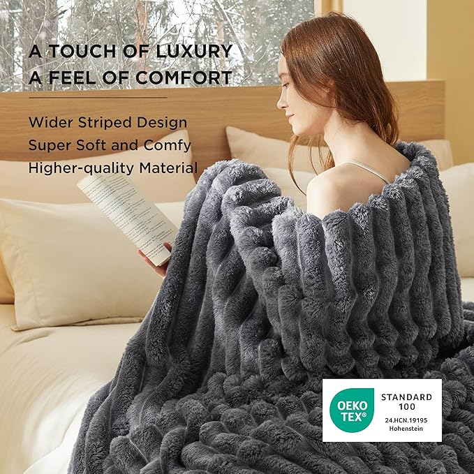 Bedsure King Size Blanket for Bed - 350GSM Super GentleSoft Fuzzy Fluffy Cozy Blankets for Women, Cute Large Plush Fleece Throws for Girls, Grey，108x90 Inches, Wider Striped Design