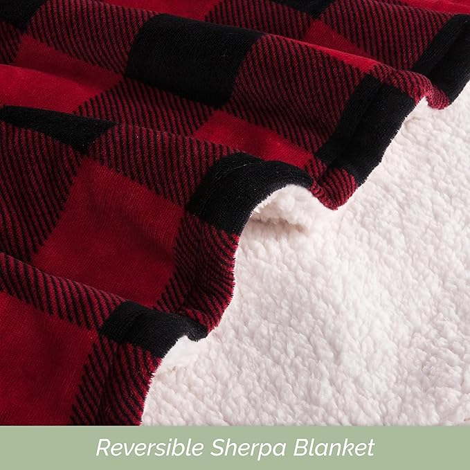 Elegant Comfort Ultra Soft Reversible Buffalo Plaid Flannel Sherpa Blanket - Cozy Silky Checkered Fleece Throw for Couch, Bed - Plush Fuzzy Warm Winter Blanket for Gift, Queen, Burgundy