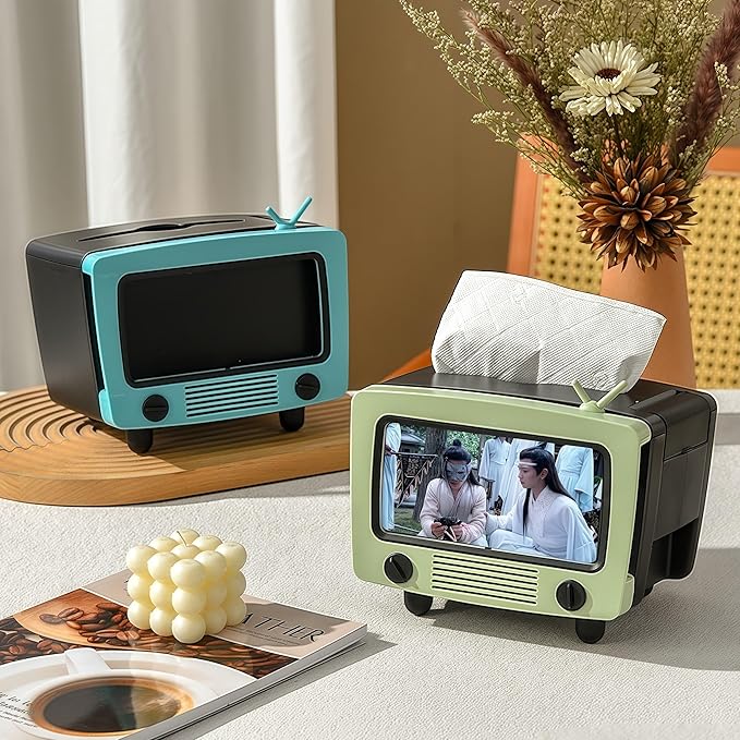 SGVAHY Tissue Box Holder Retro TV Tissue Box Cover Cute and Practical Cell Phone Holder Tampon Holder for Bathroom Kitchen Bedroom Dressers Desks and Tables Night Stands Creative Gift(Light Green)
