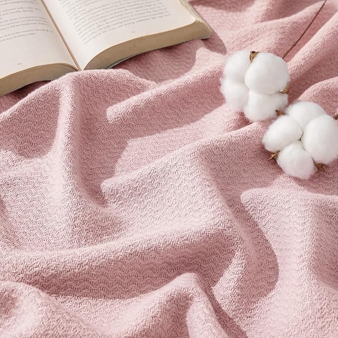 Bedsure GentleSoft 100% Cotton Blanket Twin XL Size for Bed - Breathable and Lightweight, Soft Cozy Textured Herringbone Woven Summer Spring Blanket for College Dorm, Pink, 66x90 inches