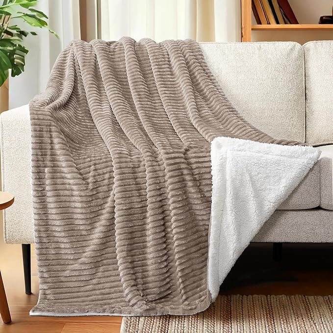 PAVILIA Taupe Tan Sherpa Fleece Throw Blanket for Couch, Soft Plush Fuzzy Blankets, Fluffy Flannel Sherpa Blanket for Sofa, Warm 3D Ribbed Winter Blanket Gift, 50x60 inches