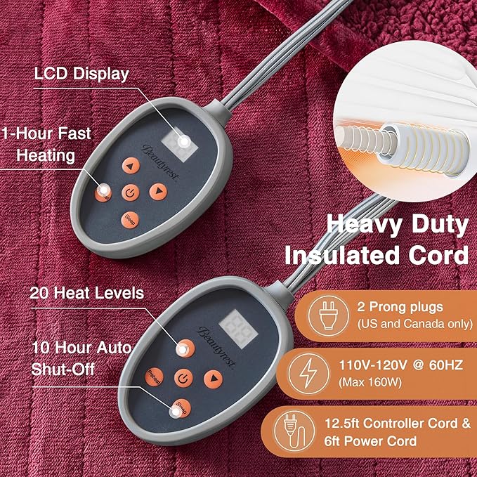 Beautyrest Heated Blanket, Electric Blanket, Soft, Warm, Reversible Plush - Sherpa Heating Blanket with 20 Heat Settings, 1-10 hrs Timer Auto Shut Off, Machine Washable, Queen (90 inx84 in), Red