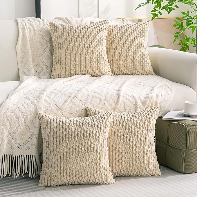 Set of 4 Beige Decorative Throw Pillow Covers 18x18 Inch Corduroy Pillow Covers for Bed Couch Sofa Living Room Soft Square Cushion Cases