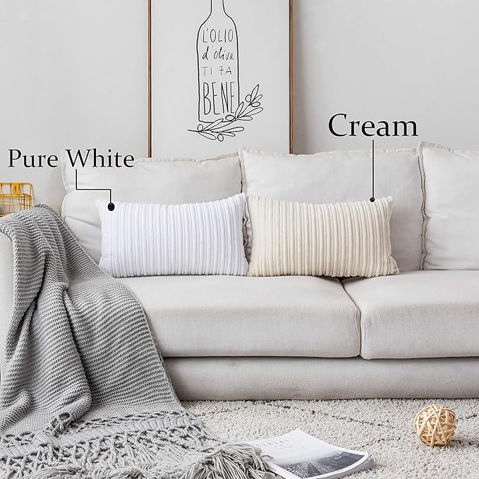 UGASA 14x20 Inch Pillow Cover Pack of 1 Soft Boho Stripe Corduroy Long Rectangular Lumbar Cushion Cover Farmhouse Decorative Throw Pillowcase for Bed, Couch, Sofa, Bedroom, Living Room, Pure White