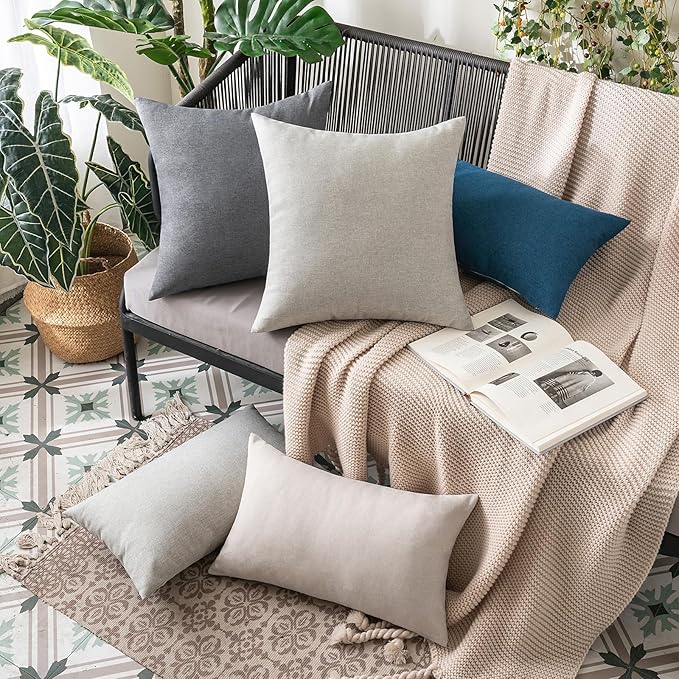 MIULEE Pack of 2 Decorative Outdoor Solid Waterproof Throw Pillow Covers Faux Linen Garden Farmhouse Cushion Cases for Patio Tent Balcony Couch Sofa 18x18 Inch Light Grey