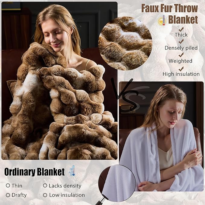 Faux Fur Throw Blanket for Couch, Fluffy Fuzzy Plush Bubble Blanket, Soft Warm Cozy Shaggy Rabbit Blanket, Luxury Decorative Gifts for Sofa Bedroom Living Room, 60x50inch (Tie-Dye-Brown)