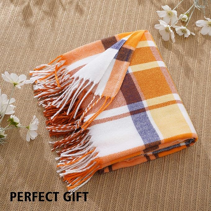 BATTILO HOME Fall Plaid Throw Blanket for Couch Bed, Decorative Orange Fall Blankets, Buffalo Checkered Plaid Blankets and Throws Farmhouse Style for Home Fall Decor 50"x60"