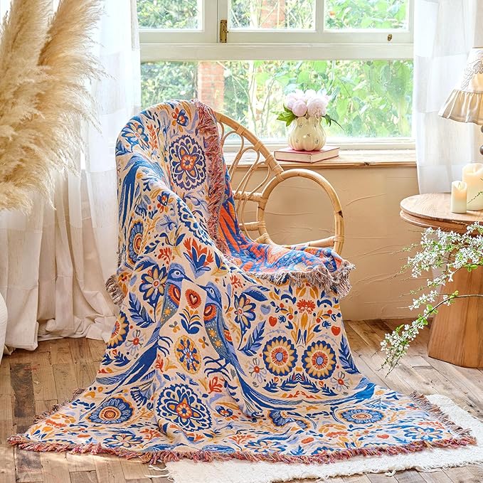 Boho Throw Blanket 60"x80" 100% Cotton Twin Bed Bird Blanket, Reversible Breathable Lightweight Spring Decorative Tassel Blankets for Couch Sofa Decor