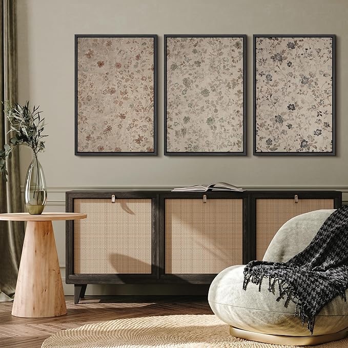 MUDECOR Framed Wall Art Print Set Vintage Floral Botanical in Neutral Tones Illustrations Realism Decorative for Living Room, Bedroom, Office - 24"x36"x3 Black