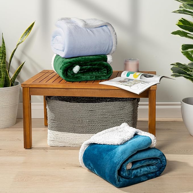 PAVILIA Sherpa Fleece Throw Blanket for Couch, Light Blue, Plush Soft Fuzzy Sofa Blanket, Cozy Reversible Winter Throw for Women Men, 50x60 Inches