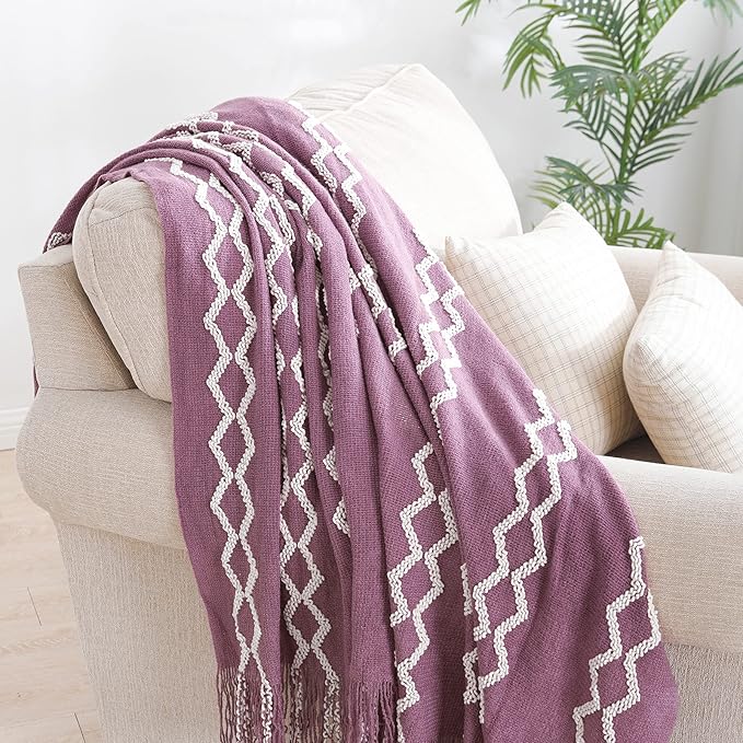 BOURINA Fluffy Chenille Knitted Fringe Throw Blanket Lightweight Soft Cozy for Bed Sofa Chair Throw Blankets, Deep Purple 60"x80"