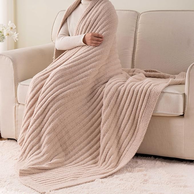 BATTILO Beige Throw Blanket for Couch, Knit Fuzzy Plush Fluffy Soft Netural Blankets, Cozy Warm Lightweight Blanket for Bed, Sofa, Home Decor, 50"x60"