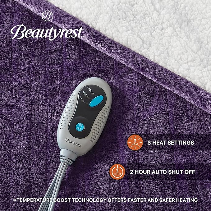Beautyrest Heated Blanket, Eletric Throw Blanket, Soft, Warm, Reversible Plush - Sherpa Heating Blanket Throw for Office, Couch, 3 Heat Settings, 2 hr Auto Shut Off, Machine Washable, 50 x 60 Purple