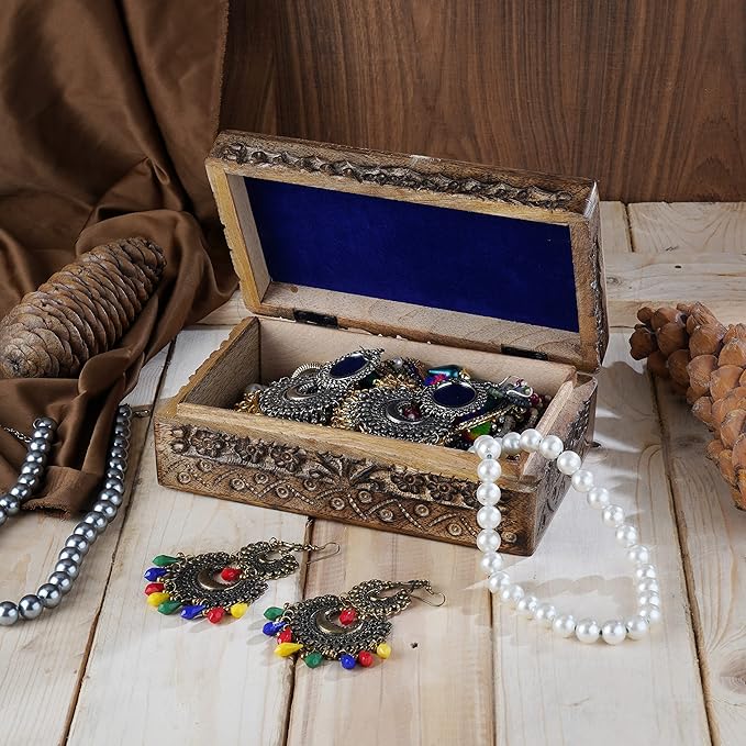 Ajuny Wooden Hand Carved Decorative Box with Tree Of Life Carvings Natural - Multipurpose Use As Jewelry Storage, Trinket Holder or Watch Box, Great For Gifts