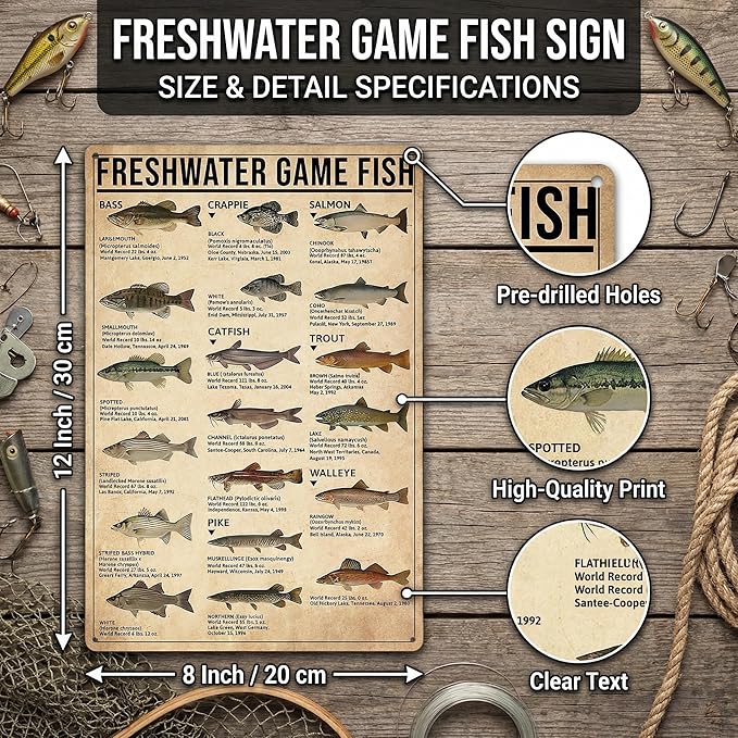 Boy's Fishing Gifts Vintage Fresh Water Gamefish Knowledge Tin Sign for Man Cave Boys Hunting Room Bedroom Lake House Cabin Wall Art Decor 8x12 Inch (3069)
