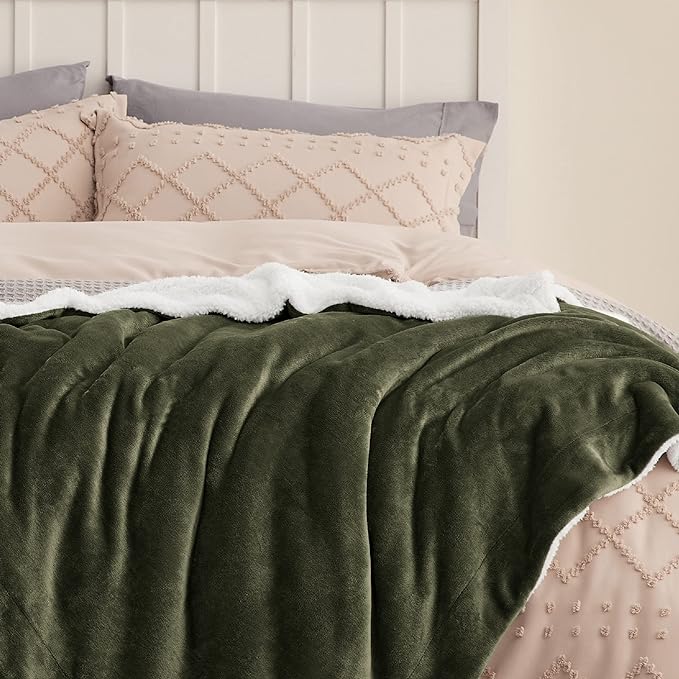 Bedsure GentleSoft Sherpa Fleece Blanket Queen Size for Bed, Non-Heated, Thick and Warm Throw for Women and Men, Soft Fuzzy Plush Queen Blanket for Winter, Olive Green, 90x90 Inches