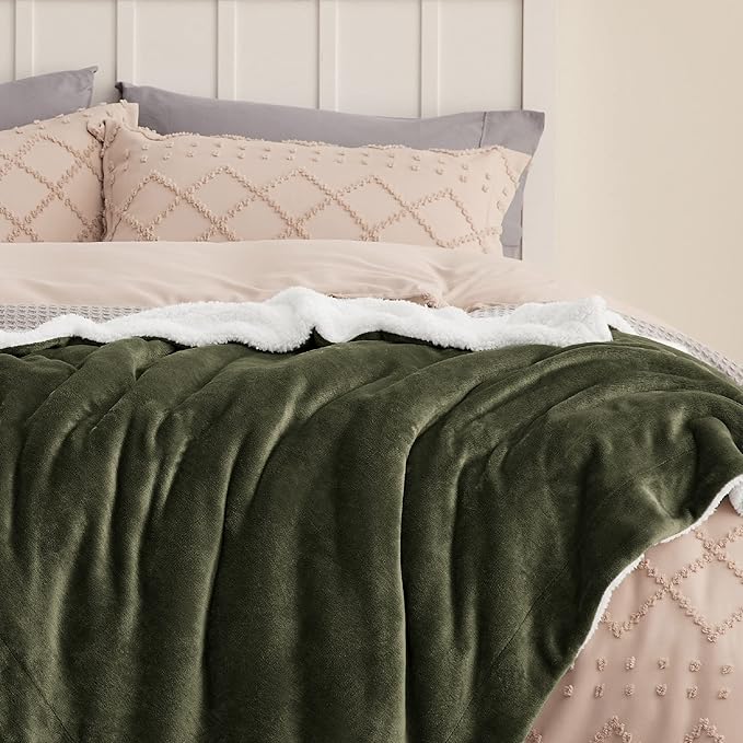 Bedsure GentleSoft Sherpa Fleece Blankets King Size for Bed, Non-Heated, Thick and Warm Throw for Women and Men, Soft Fuzzy Plush King Blanket for Winter, Olive Green, 108x90 Inches