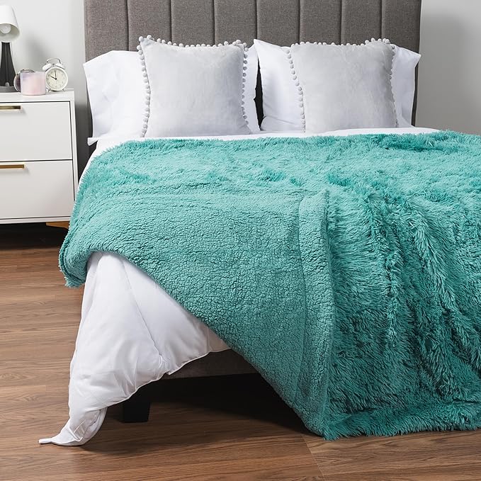 Pavilia Teal Green Fluffy Throw Blanket for Couch, Twin Bed - Fuzzy, Furry Plush Warm Blanket - Super Soft Thick Faux Fur Sherpa - 60x80