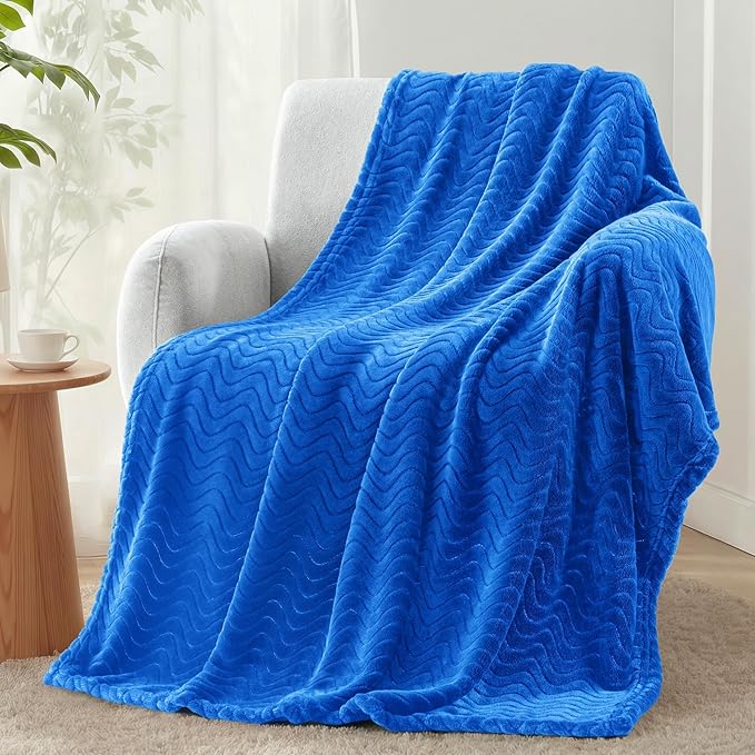 Exclusivo Mezcla Fleece Throw Blanket for Couch, Cozy Lightweight Blankets for All Season, Decorative Giftable Fuzzy Plush Wave Textured Throws for Women, Men, Cobalt Blue, 50x70 Inches
