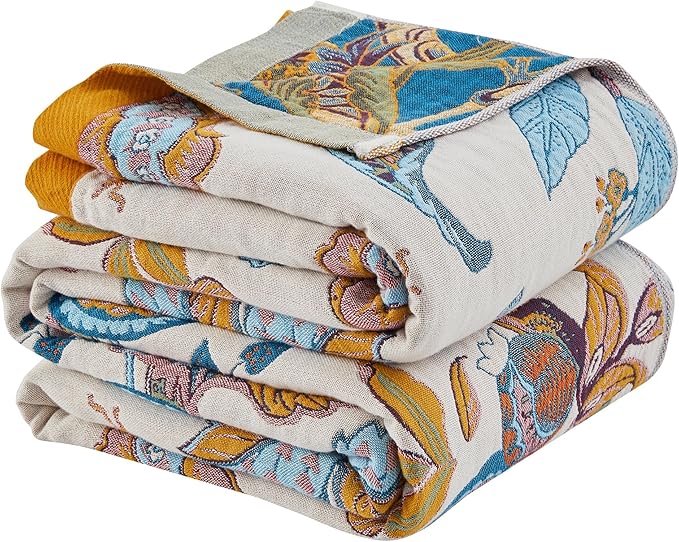 Boho Throw Blanket for Bed,100% Organic Cotton Throw Blankets for Bedroom,Living Room,4-Layer Breathable Muslin Blankets for Adults,Beige and Blue, 60"x80"