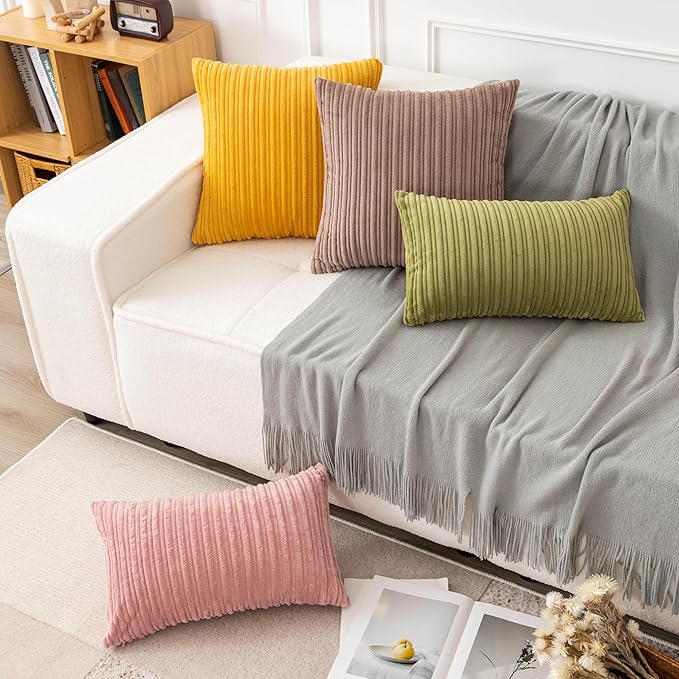 UGASA Corduroy Striped Soft Soild Decorative Square Throw Pillow Covers Set Cushion Cases Pillowcases for Sofa Bedroom, 1 Pc, 26x26 Inch, Baby Pink
