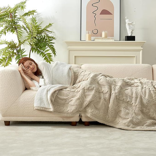 Amélie Home Cable Knit Throw Blanket for Couch Twin, Chenille Sherpa Soft Cozy Throw Blankets for Sofa Chair Comfortable Home, 60"x80", Beige