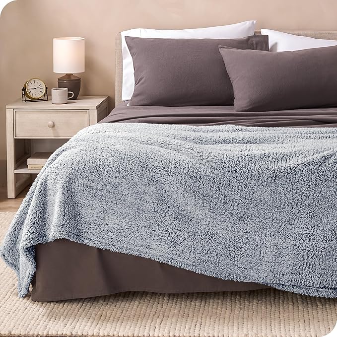 Bare Home Faux Shearling Blanket - King Size - Blanket for Bed, Sofa, Couch, Camping, Travel, and Gifts - Warm & Lightweight - Fluffy & Soft (King, Tipped Dark Blue)