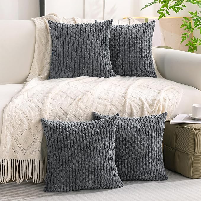Set of 4 Medium Grey Decorative Throw Pillow Covers 20x20 Inch Corduroy Pillow Covers for Bed Couch Sofa Living Room Soft Square Cushion Cases
