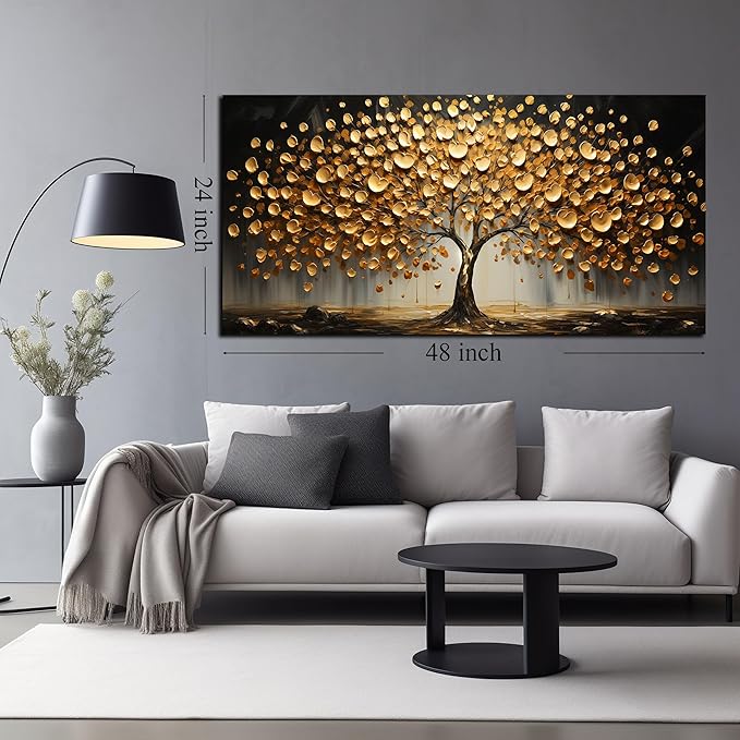 Tree Pictures Wall Decor for Bedroom Gold Wall Art for Office Dining Room Print Picture Living Room Wall Decor 24 x 48 Inch
