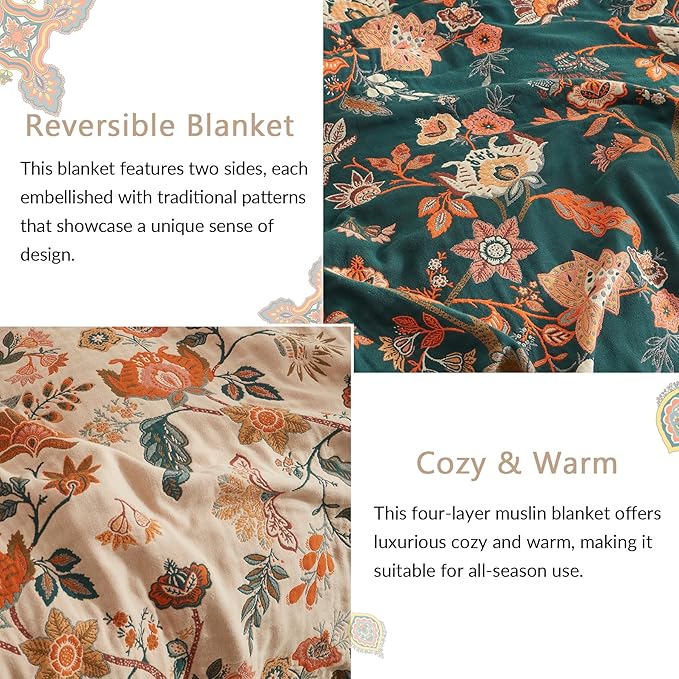 Boho Throw Blanket for Couch Sofa Bed, 100% Cotton Woven Quilt with Tassel 60”x80”, Super Soft Muslin Blanket with Floral Printed, Decorative Reversible Bed Blanket/Cover for All Seasons