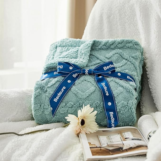 Bedsure Gentlesoft Sherpa Fleece Throw Blanket for Couch - Fluffy & Cozy Cable Jacquard Tufted Throw for Women Gift, Thick and Warm Christmas Blanket for Winter, Sage Green, 50x60 Inches