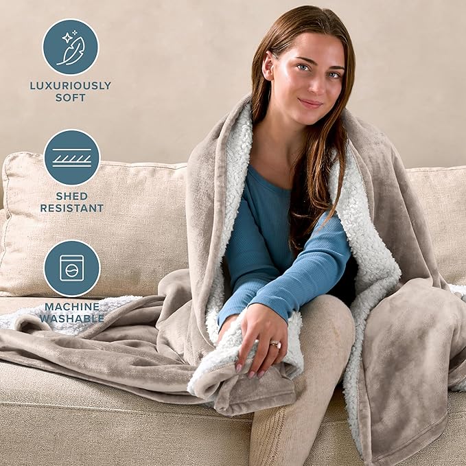 Bare Home Sherpa Fleece Blanket - Twin/Twin Extra Long - Blanket for Bed, Sofa, and Couch - Warm & Lightweight - Fluffy & Soft - Reversible (Twin/Twin XL, Light Taupe)