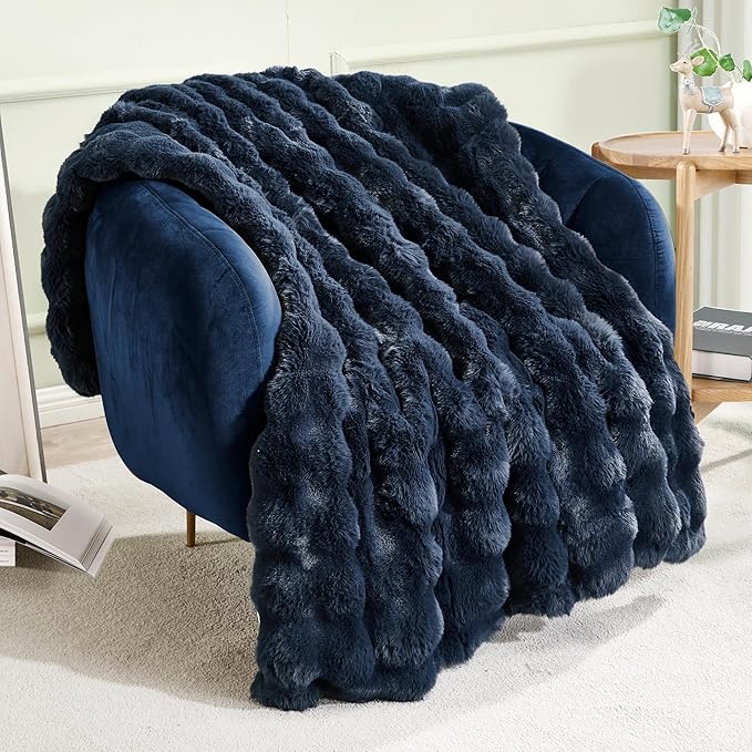 JONIYEAR Soft Fuzzy Bubble Faux Rabbit Fur Throw Blanket for Couch 50" x 60", Reversible Textured Fluffy Warm Thick Blanket for Winter,Luxury Cozy Puffy Shaggy Comfy Furry Blankets for Sofa, Navy Blue
