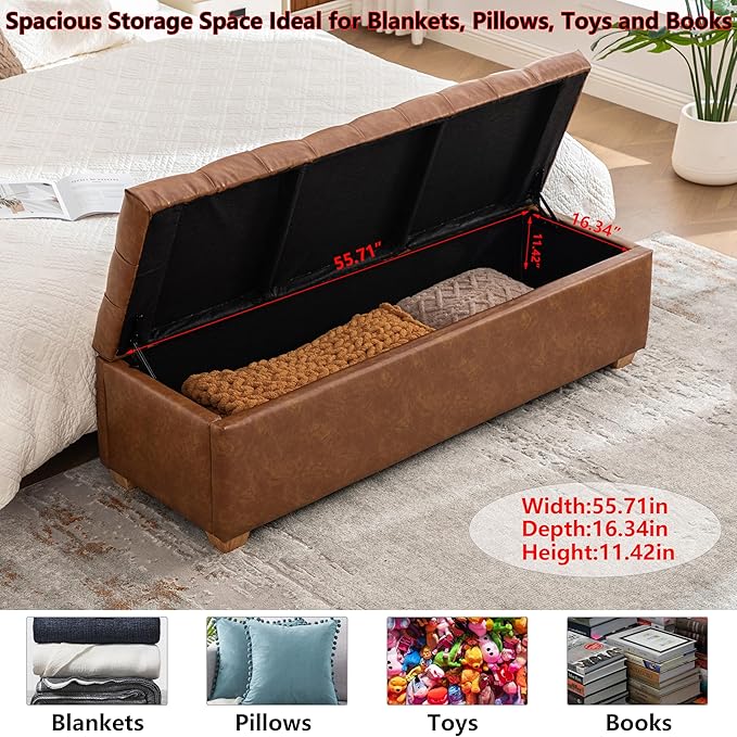 60.2" Storage Ottoman Bench for Bedroom Bed End,Brown PU Leather Bench with Seating,Button Tufted Ottomans with Storage for Living Room,Bedside,Entryway (Brown, 60.2")