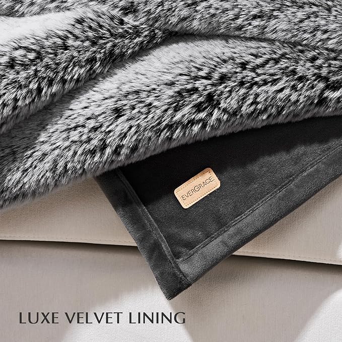EVERGRACEHOME Luxury Soft Faux Chinchilla Fur Throw Blanket for Couch, Warm Thick Heavy Winter Throw Blanket 1220GSM for Bed, Fluffy Cozy Mink Blanket with Reversible Velvet, Onyx Mink, 60"x80"
