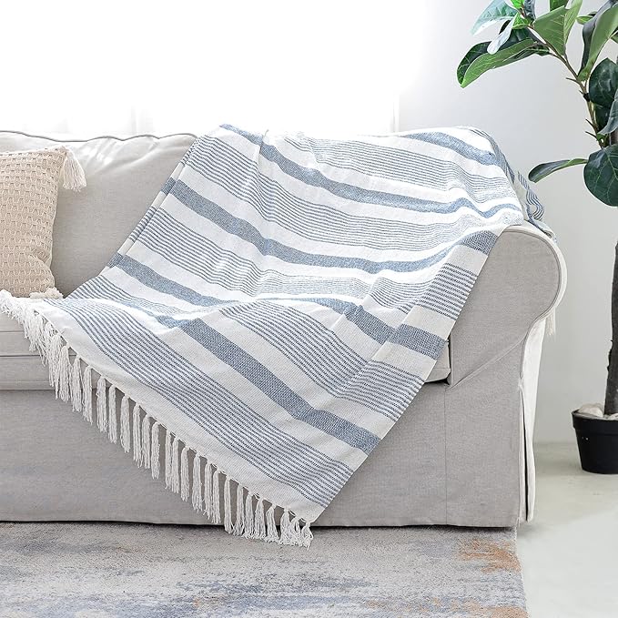 Decorative Blue White Striped Throw with Fringe, Soft Chenille Knitted Farmhouse Lightweight Blanket with Tassels for Couch Sofa Chair Bed Office Home Décor, Blue and Ivory, 60" x 80"