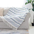 Decorative Blue White Striped Throw with Fringe, Soft Chenille Knitted Farmhouse Lightweight Blanket with Tassels for Couch Sofa Chair Bed Office Home Décor, Blue and Ivory, 60" x 80"