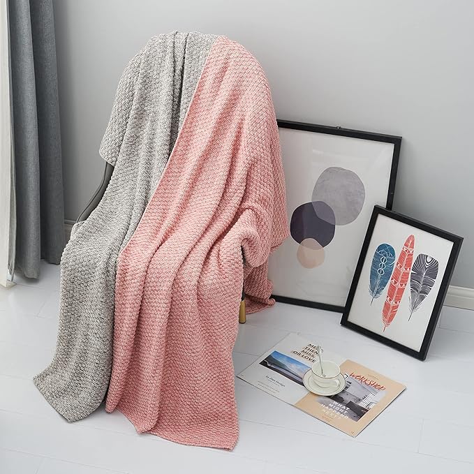 Longhui bedding Dusty Pink Knitted Throw Blanket for Couch, Soft, Cozy Machine Washable 100% Cotton Sofa Knit Blankets, 60 x 80 Inches Oversized, Pink and White Color, Laundry Bag Included