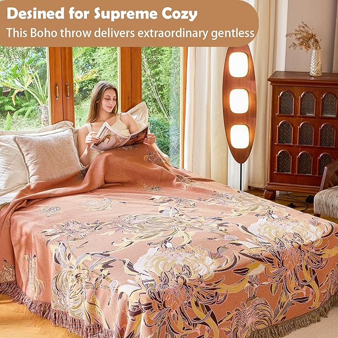 Boho Throw Blanket 60" x 80", 100% Organic Cotton Breathable Skin-Friendly Ultra Soft Bed Quilt Throw - Floral Rustic Decor Luxury Reversible Blanket for Sofa Couch Chair and Gift,