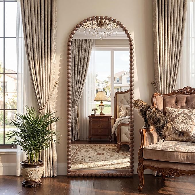 Antok 57" x 21" Arched Full Length Mirror, Antique Beaded Frame Floor Standing or Wall Mounted Mirror with Stand for Bedroom, Entryway, Brown, Luxury Style