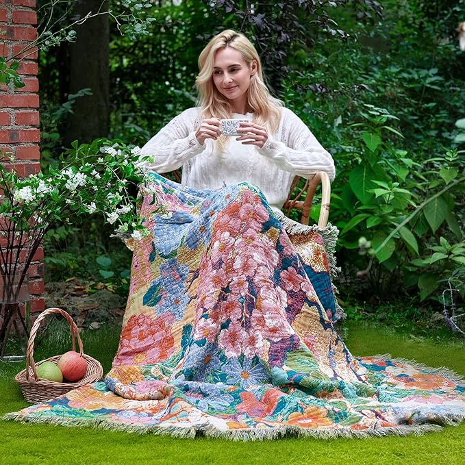 Boho Throw Blanket for Couch Sofa Chair Cotton Spring Blankets for Bedroom Living Room All Season Soft Lightweight Reversible Floral Embroidery Breathable Decorative Throws 50"x60"