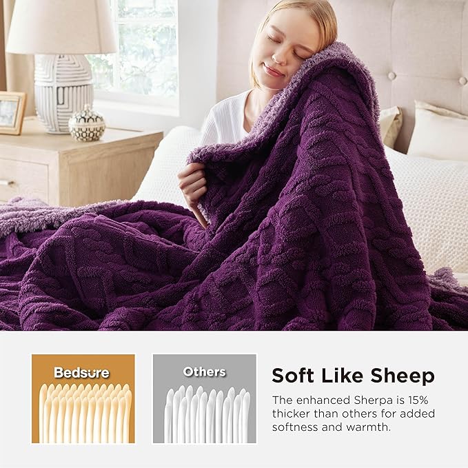 Bedsure Gentlesoft Sherpa Fleece Throw Blanket for Couch - Fluffy & Cozy Cable Jacquard Tufted Throw for Women Gift, Thick and Warm Blankets for Winter, Purple, 50x60 Inches