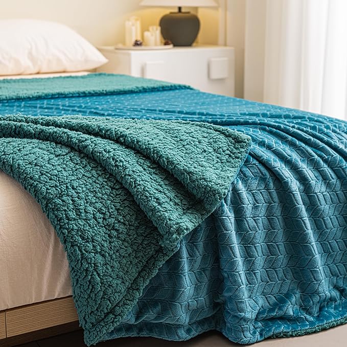 K.Garden Blue Fleece Throw Blanket – Ultra-Soft Flannel Cozy Throw for Adults, Lightweight Leaves Design Fuzzy Blanket for Couch, Sofa, Bed & Office. Warm Plush All-Season Blanket, 90 * 90 Inches