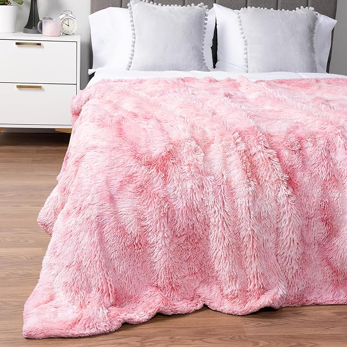 PAVILIA Pink Fluffy Throw Blanket for Couch, Twin Bed, Fuzzy Blanket for Women Men, Furry Plush Warm Blanket Bed Sofa, Super Soft Thick Faux Fur Sherpa Blanket Throw, Tie-Dye, 60x80